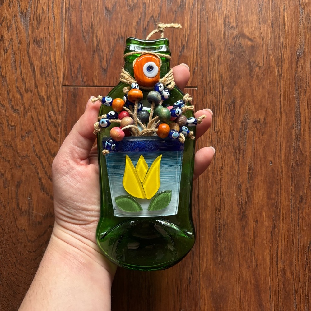 Handmade Turkish Blown Glass Evil Eye Art | Floral Wall Art Green Mosaic - Picture 7 of 7